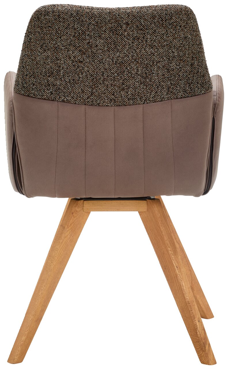 Valdera Armlehnstuhl CORDOBA Rückansicht eines Armlehnstuhls mit braunem Stoffbezug und hölzernen Beinen