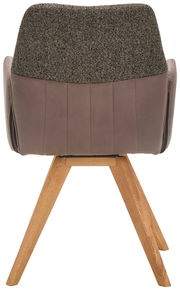 Rückansicht eines Armlehnstuhls mit braunem Stoffbezug und hölzernen Beinen