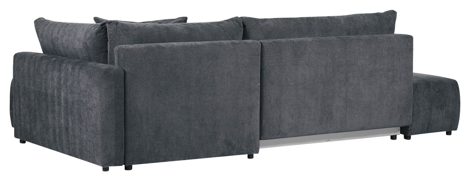 Rückansicht einer grauen Rundecke (L) mit weichem Stoffbezug und stabilen Füßen.