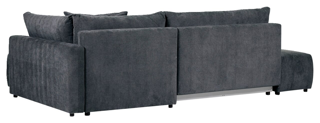 Rückansicht einer grauen Rundecke (L) mit weichem Stoffbezug und stabilen Füßen.