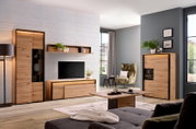 Moderne woonkamermeubels in houtlook met vitrinekast, tv-meubel en boekenkast, zijaanzicht