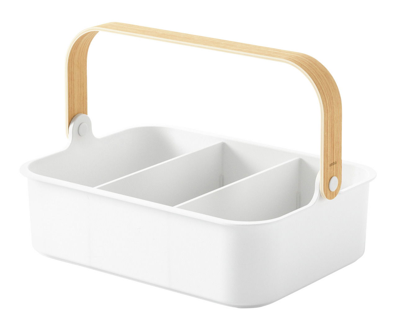 Weißer Aufbewahrungskorb mit drei Fächern und einem natürlichen Holzgriff, seitliche Perspektive.