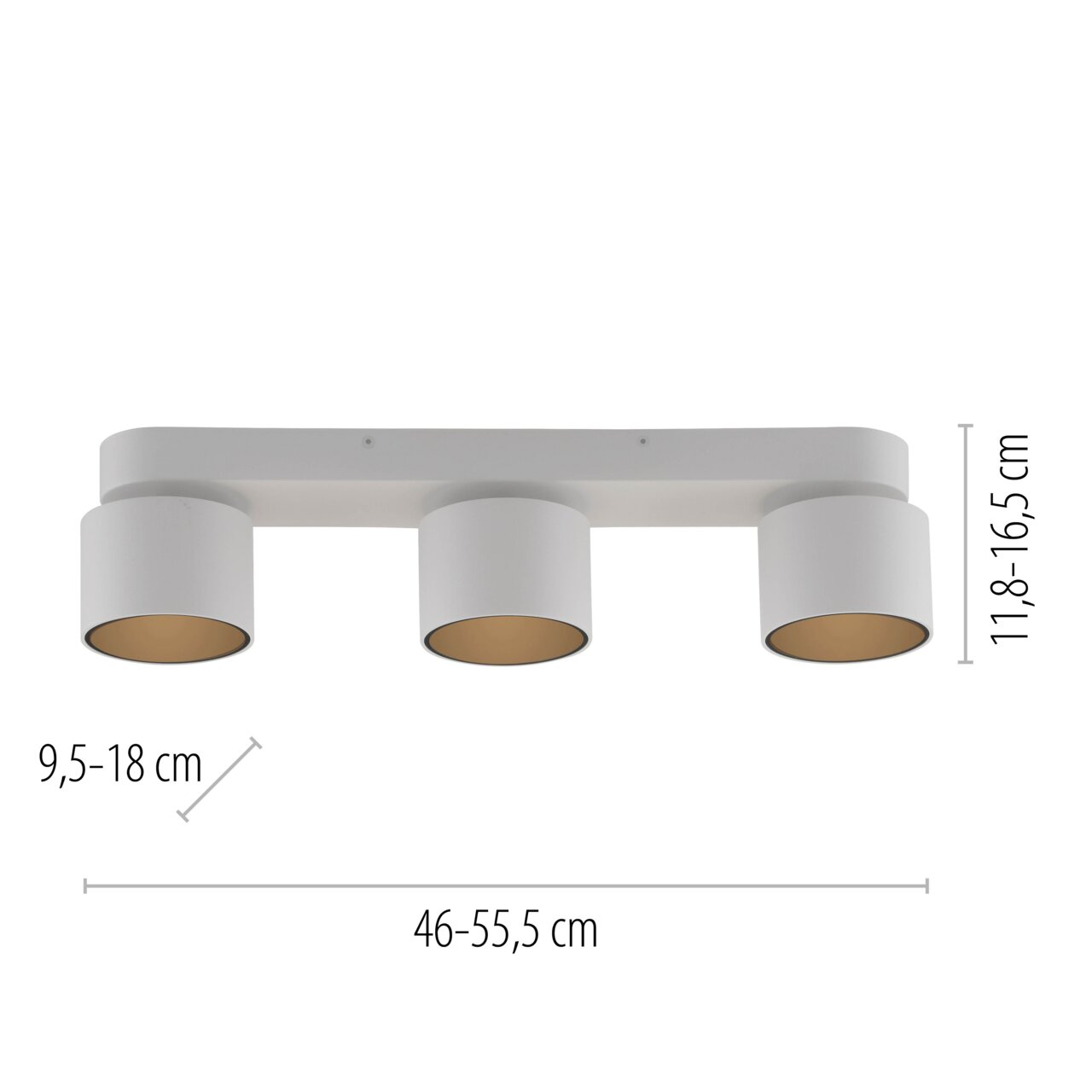 Dreifacher LED-Spot in Weiß, seitliche Perspektive, mit verstellbaren Zylindern und Maßen 46-55,5 cm Länge, 9,5-18 cm Breite, 11,8-16,5 cm Höhe.