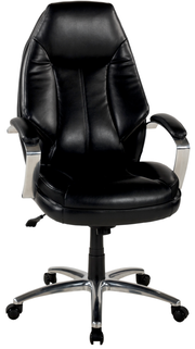Schwarzer Chefsessel aus Leder mit Armlehnen und Rollen, Vorderansicht