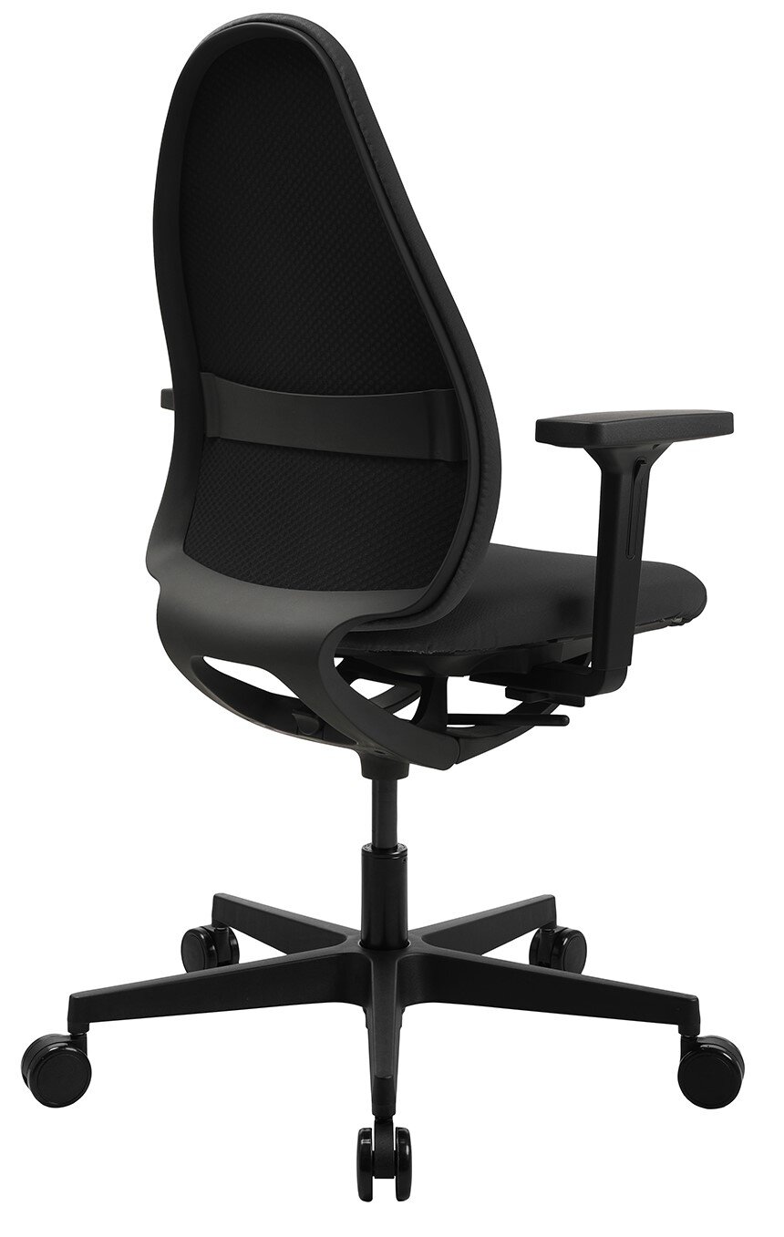 Rückansicht eines modernen schwarzen Bürostuhls mit verstellbaren Armlehnen und Rollen.