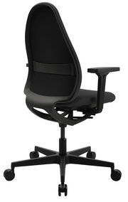 Rückansicht eines modernen schwarzen Bürostuhls mit verstellbaren Armlehnen und Rollen.