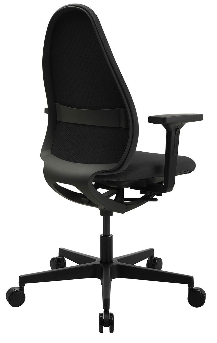 Rückansicht eines modernen schwarzen Bürostuhls mit verstellbaren Armlehnen und Rollen.