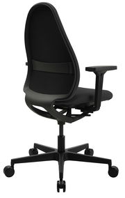 Rückansicht eines modernen schwarzen Bürostuhls mit verstellbaren Armlehnen und Rollen.