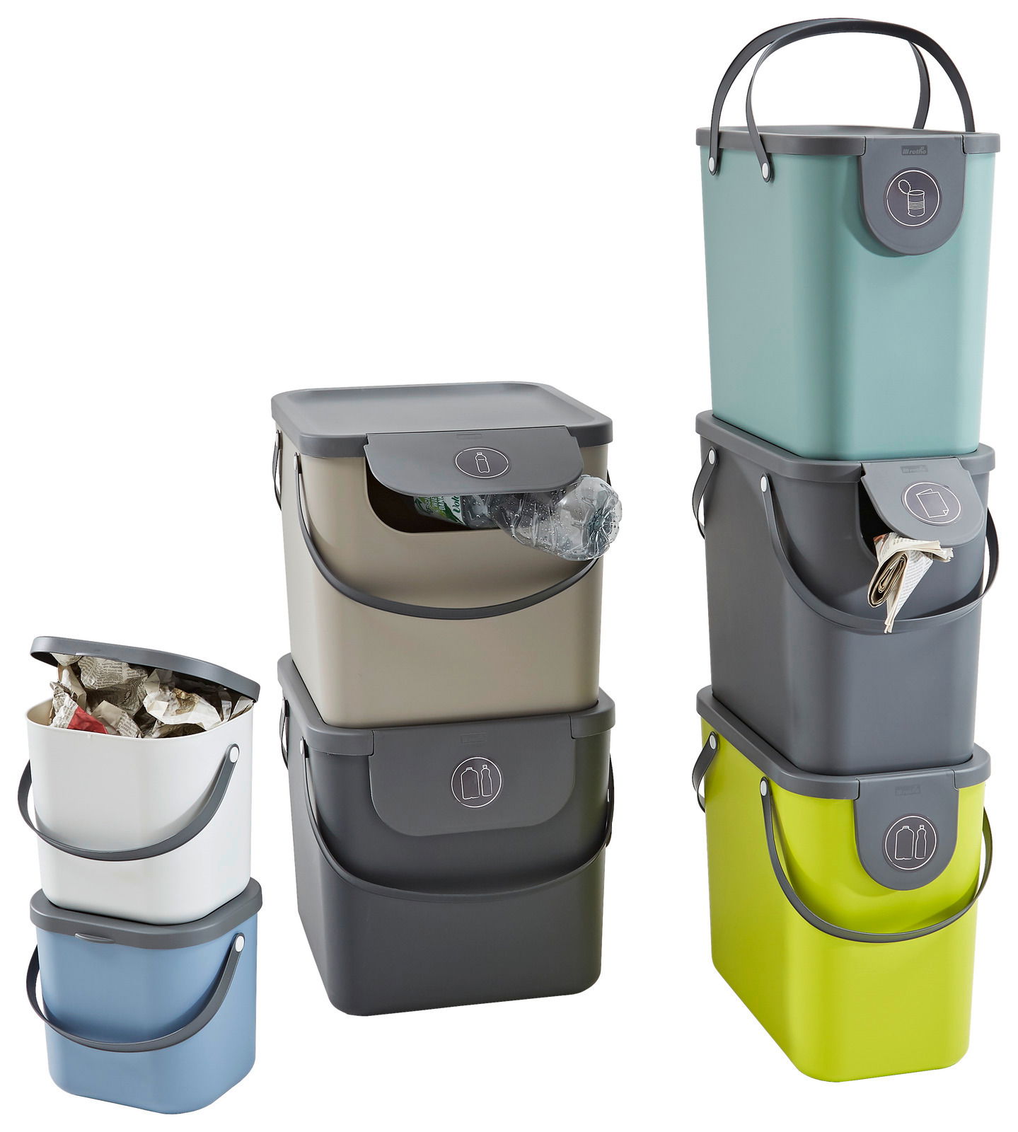 Stapelbare Recycling-Müllsysteme der Serie ALBULA in verschiedenen Farben, seitliche Perspektive