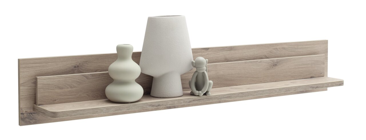 Wandboard PALERMO aus Holz mit dekorativen Vasen und Figur, seitliche Perspektive