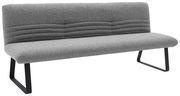 Graue Sitzbank mit modernem Design und Metallbeinen, seitliche Perspektive