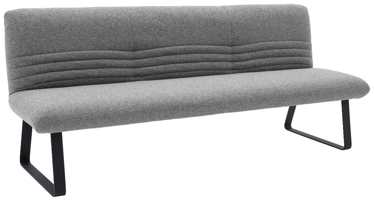 Graue Sitzbank mit modernem Design und Metallbeinen, seitliche Perspektive
