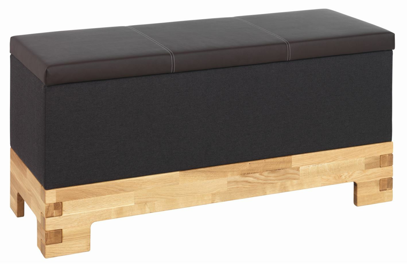 Linea Natura Truhenbank COUNTRY Truhenbank mit schwarzem Polster und Holzuntergestell, seitliche Perspektive