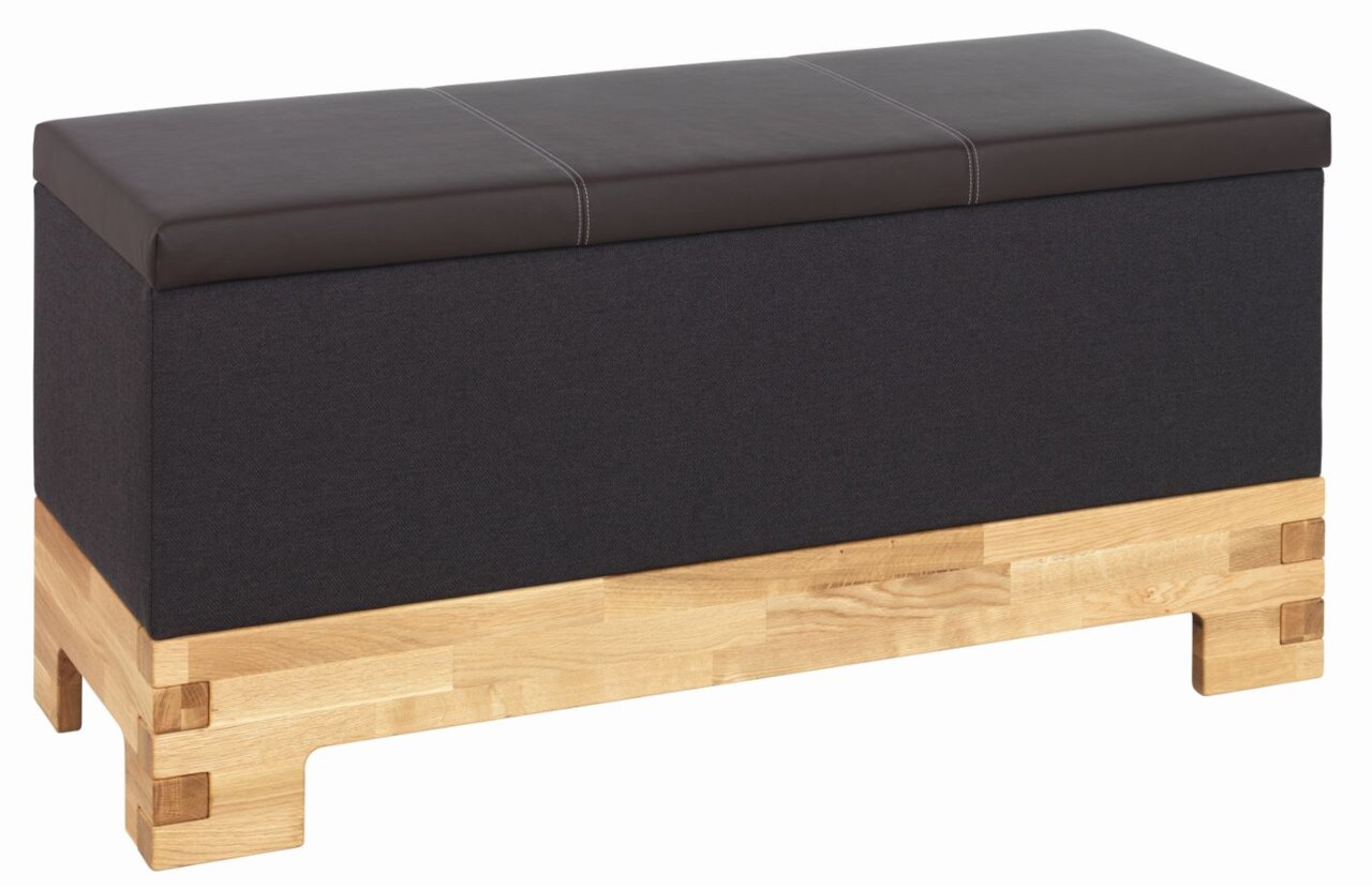 Linea Natura Truhenbank COUNTRY Truhenbank mit schwarzem Polster und Holzuntergestell, seitliche Perspektive