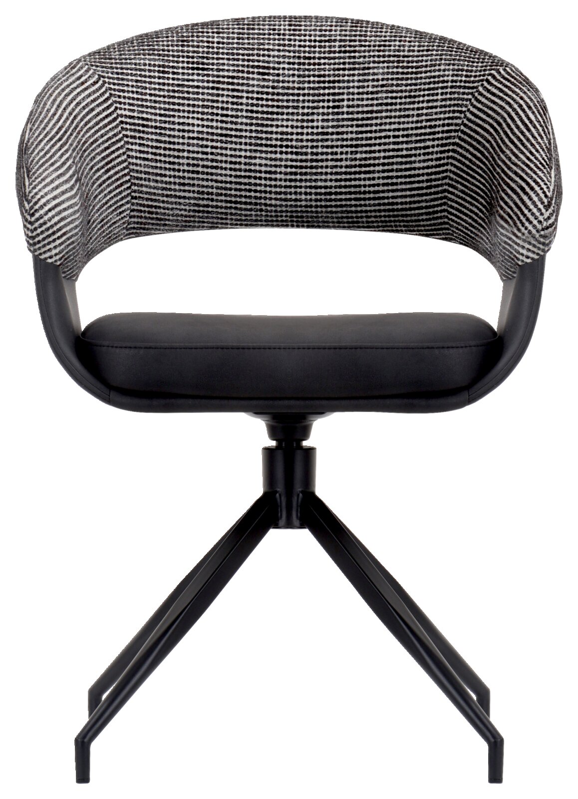 Moderne fauteuil met een rugleuning met zwart-wit patroon en een zwarte zitting, vooraanzicht