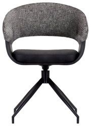 Moderne fauteuil met een rugleuning met zwart-wit patroon en een zwarte zitting, vooraanzicht