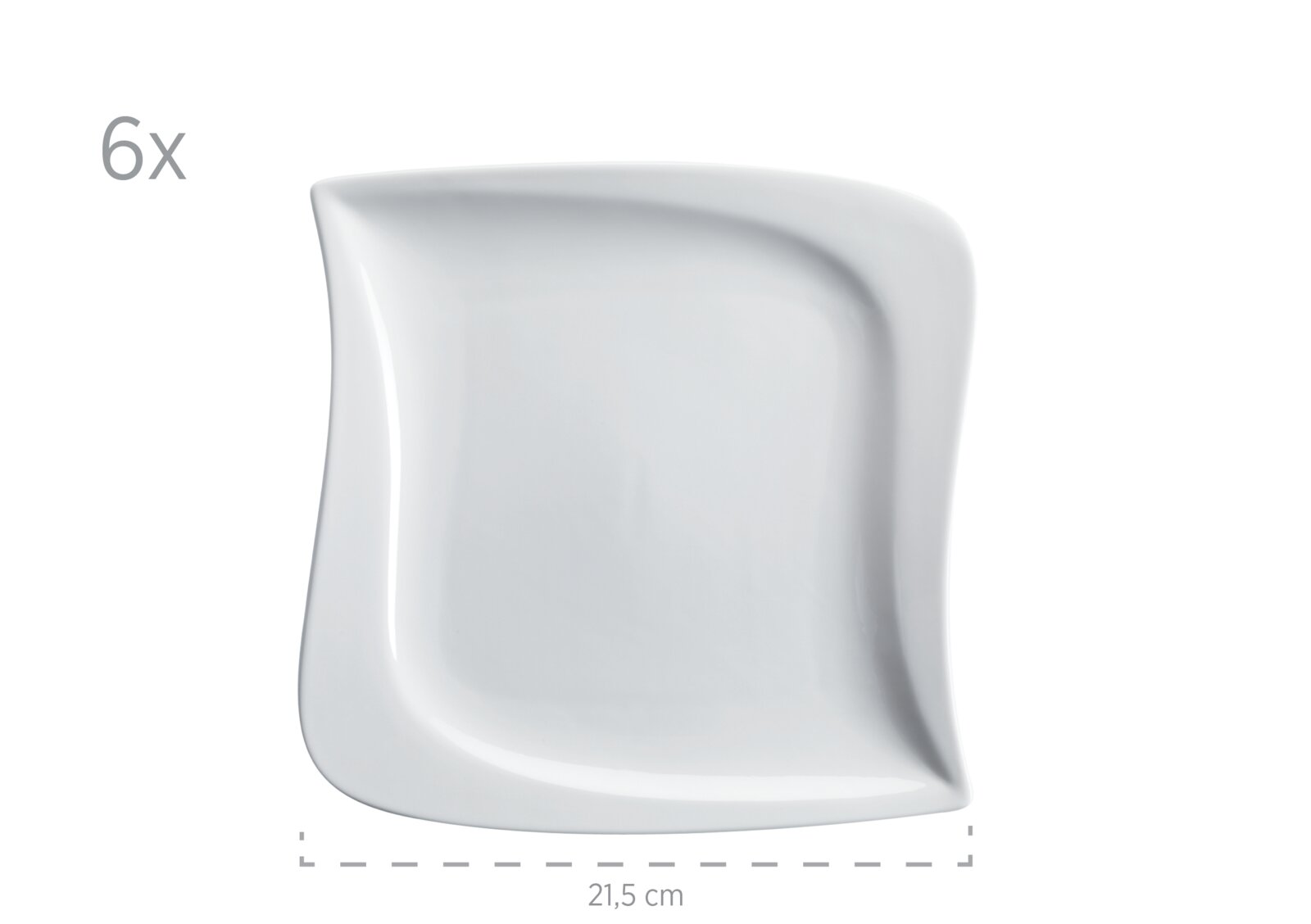 Weißer, quadratischer Servierteller mit geschwungenen Kanten (ca. 21,5 cm), Draufsicht von oben; Hinweis „6x“ im Bild