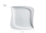 Weißer, quadratischer Servierteller mit geschwungenen Kanten (ca. 21,5 cm), Draufsicht von oben; Hinweis „6x“ im Bild