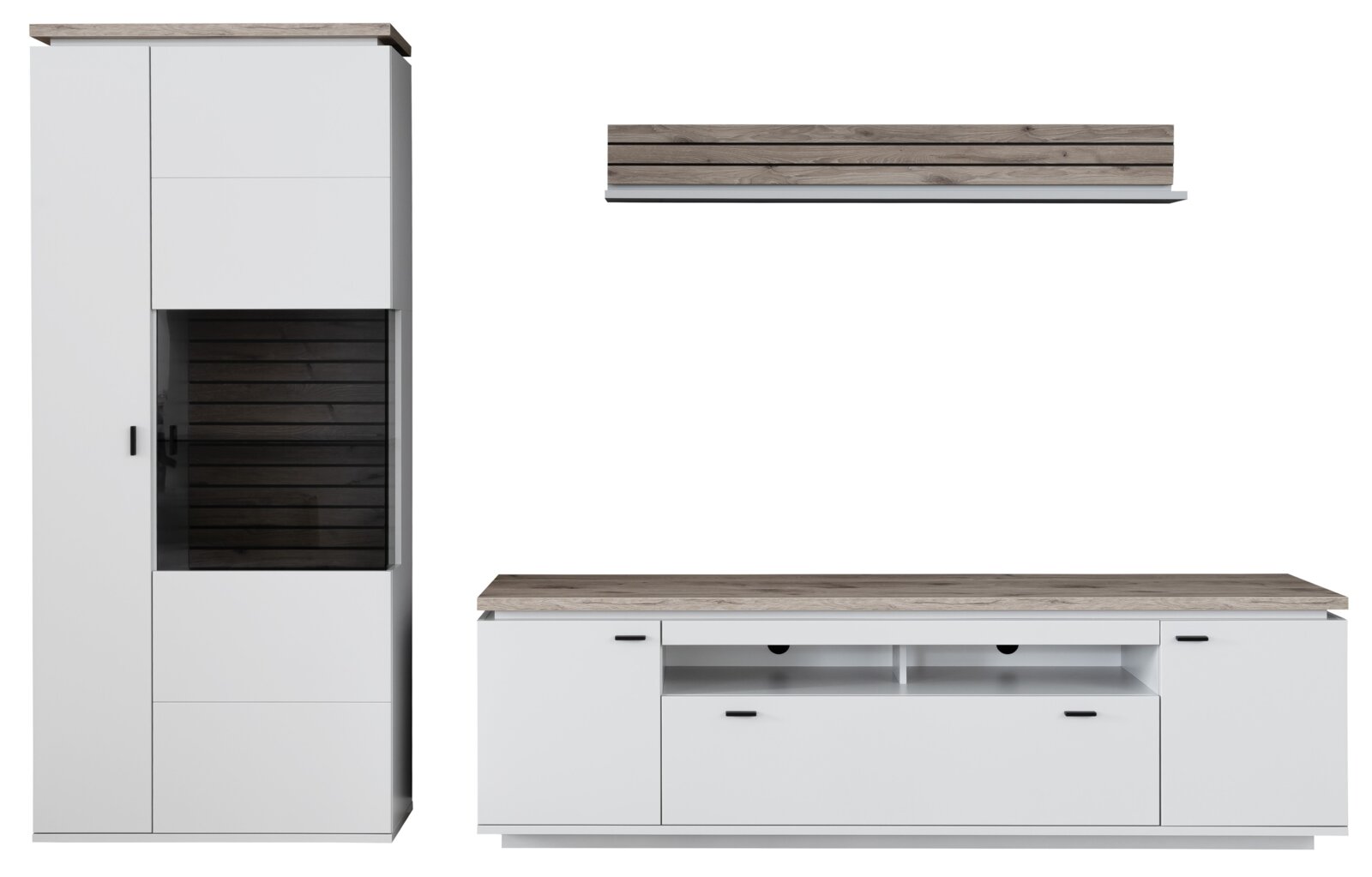 Stylife Wandcombinatie ESTEPONA Moderne woonwand in wit met afdekplaten in houtlook, bestaande uit een vitrinekast met glazen deuren en een lowboard met open vakken en lades, vooraanzicht tegen een witte achtergrond.