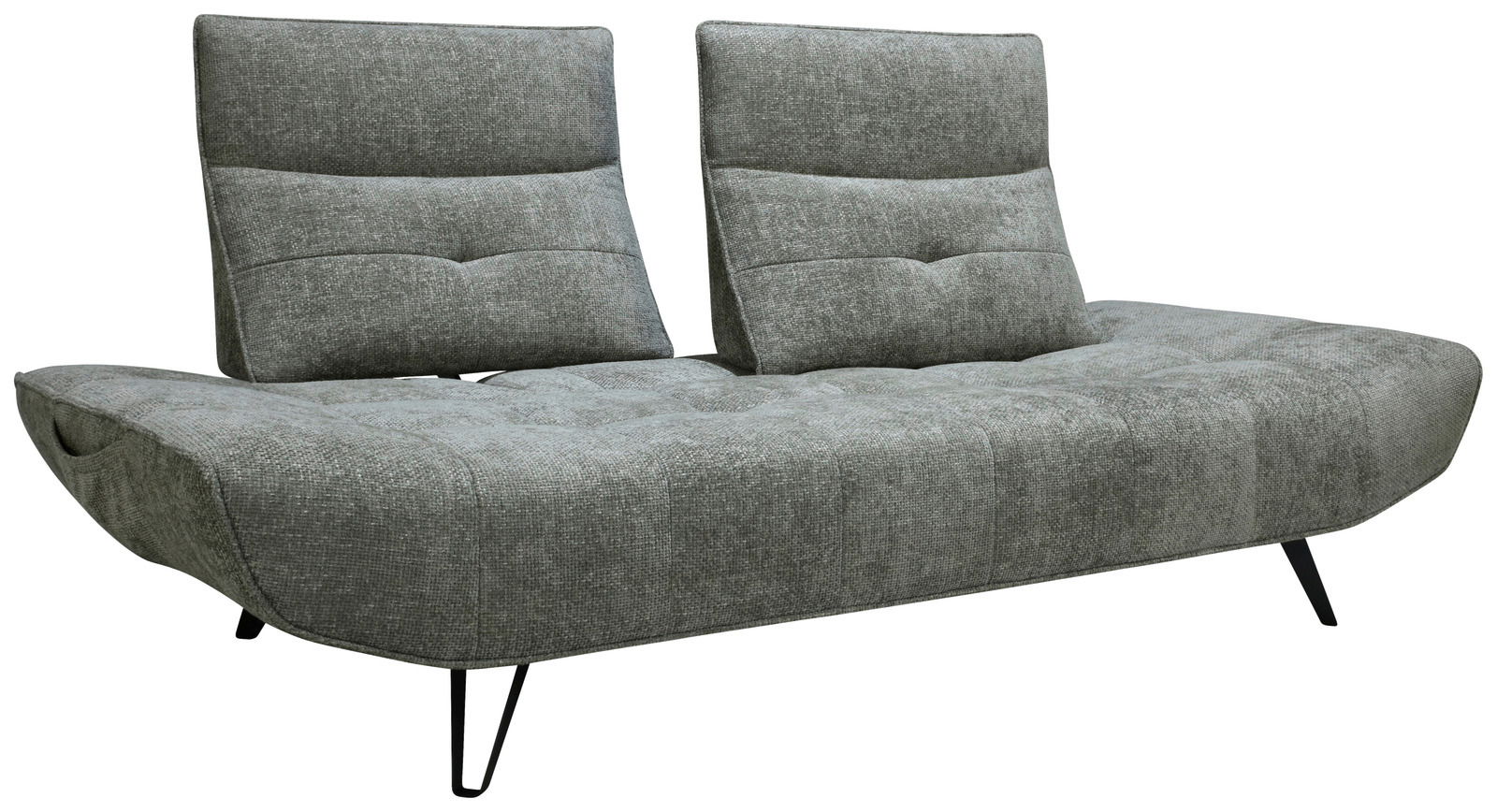 Graues Polstersofa mit zwei Rückenlehnen, seitliche Perspektive