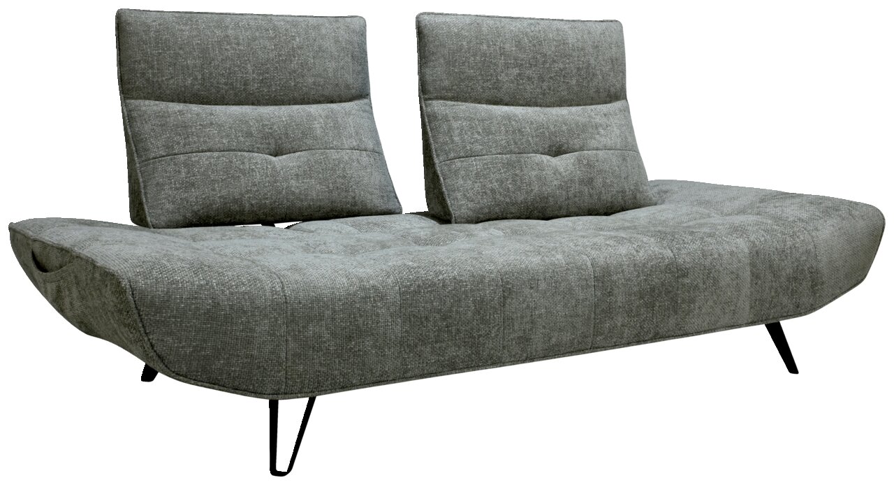 Graues Polstersofa mit zwei Rückenlehnen, seitliche Perspektive