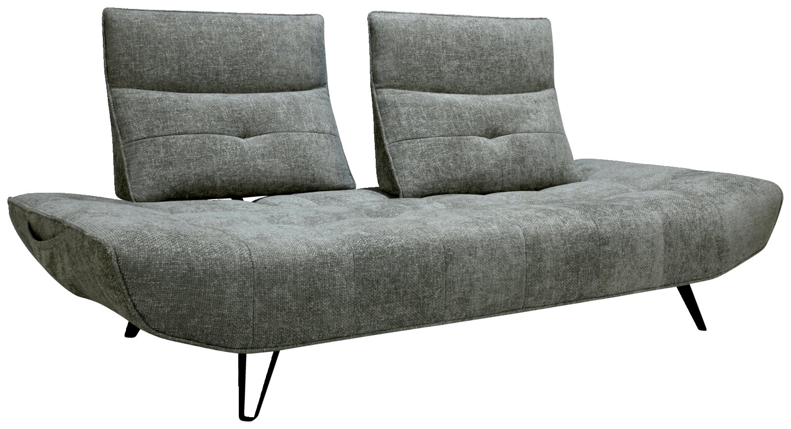 Graues Polstersofa mit zwei Rückenlehnen, seitliche Perspektive