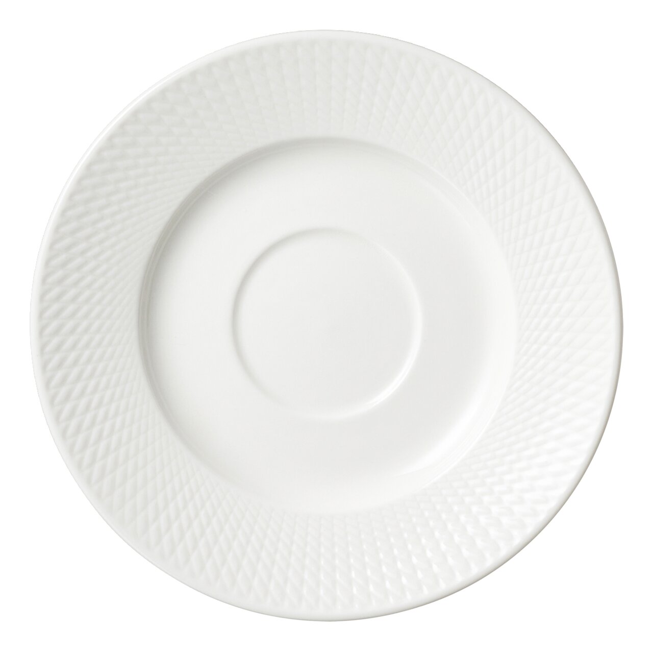 Weiße Kaffeeuntertasse mit strukturiertem Rand, Draufsicht