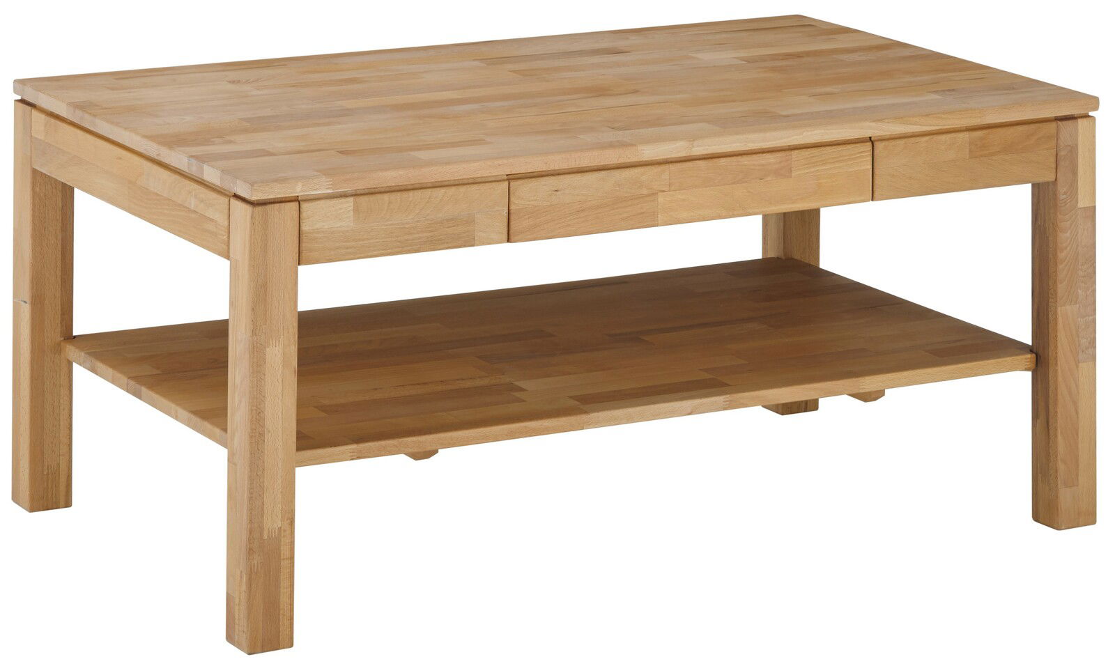 Holz-Couchtisch mit rechteckiger Tischplatte und zusätzlicher Ablagefläche, seitliche Perspektive