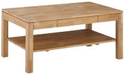 Holz-Couchtisch mit rechteckiger Tischplatte und zusätzlicher Ablagefläche, seitliche Perspektive