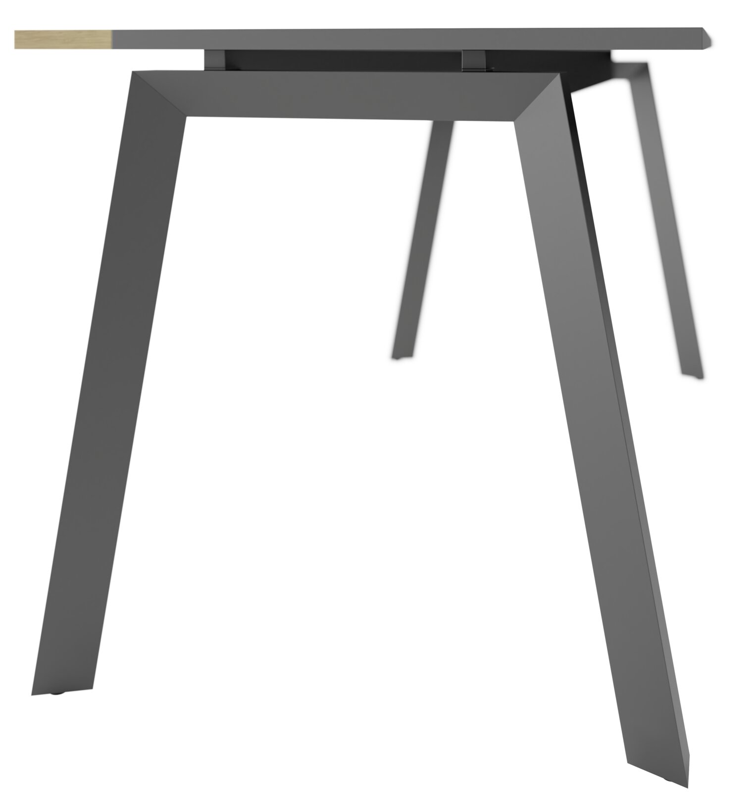 Moderner Schreibtisch mit schrägen Metallbeinen, seitliche Perspektive