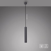 Schwarze, zylindrische Pendelleuchte mit langem Kabel und Deckenbaldachin, Ansicht von vorne (frontal) in leicht erhöhter Perspektive; geeignet für GU10-Leuchtmittel
