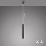 Schwarze, zylindrische Pendelleuchte mit langem Kabel und Deckenbaldachin, Ansicht von vorne (frontal) in leicht erhöhter Perspektive; geeignet für GU10-Leuchtmittel