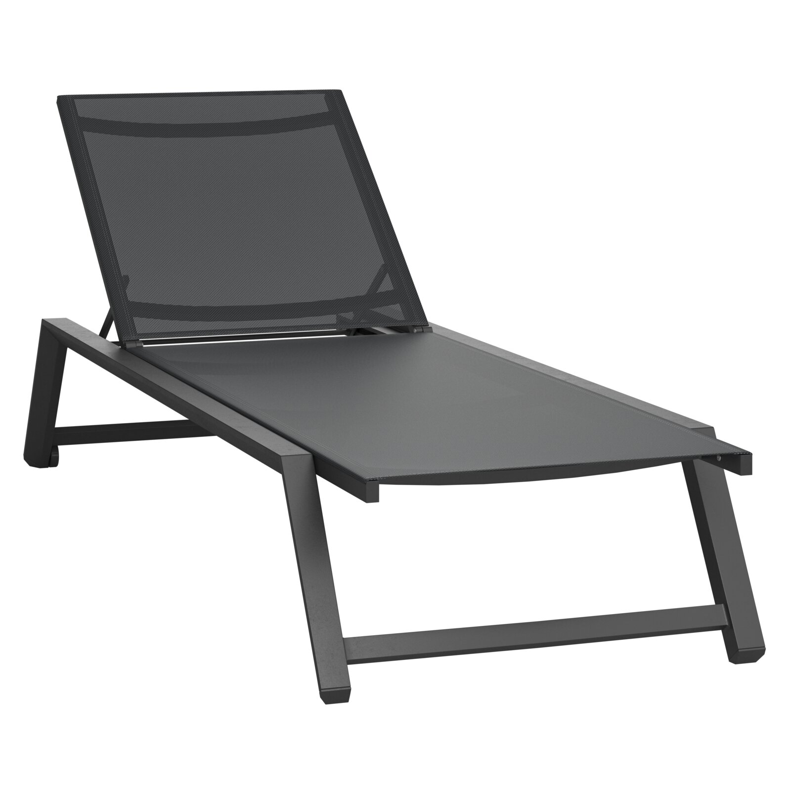 Moderne schwarze Sonnenliege aus Metall mit verstellbarer Rückenlehne, seitliche Perspektive