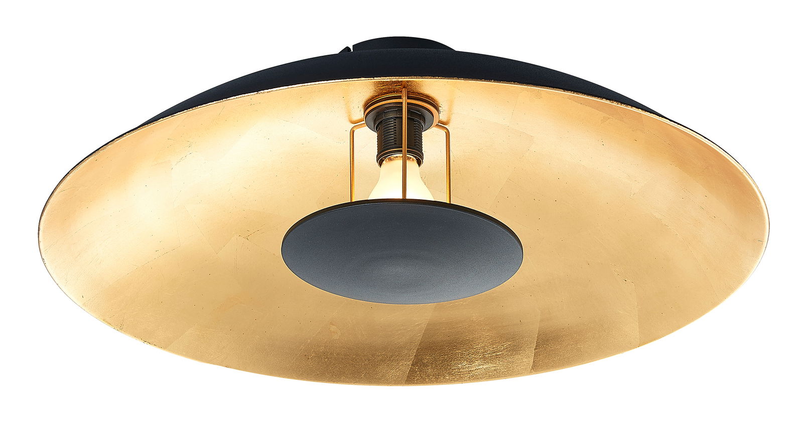 Deckenleuchte mit goldener Innenseite und schwarzer Außenseite, von unten betrachtet.