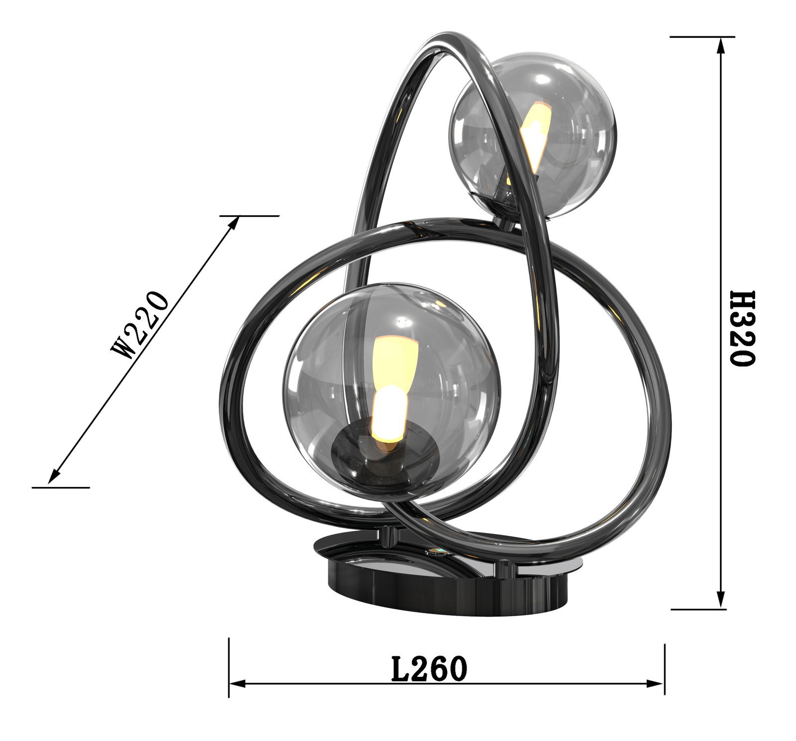 Moderne Tischleuchte Nancy mit zwei kugelförmigen Glaskörpern und geschwungenem Metallrahmen, seitliche Perspektive