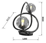 Moderne Tischleuchte Nancy mit zwei kugelförmigen Glaskörpern und geschwungenem Metallrahmen, seitliche Perspektive