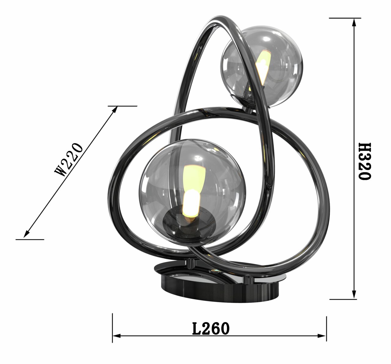 Moderne Tischleuchte Nancy mit zwei kugelförmigen Glaskörpern und geschwungenem Metallrahmen, seitliche Perspektive