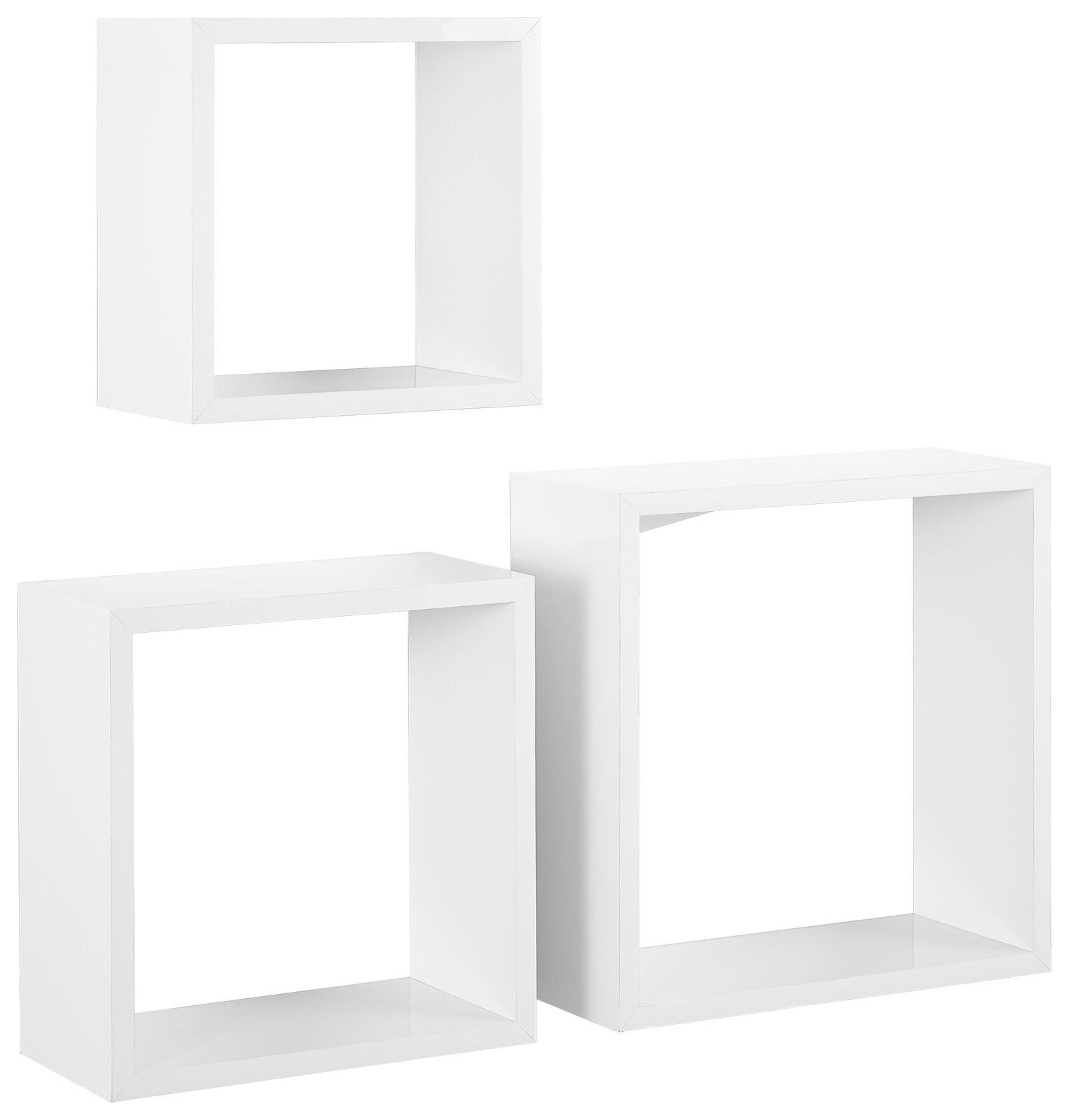 XORA Wandregal-3er-Set TRIO Dreiteiliges Wandregal-Set in Weiß, bestehend aus quadratischen und rechteckigen Regalen, frontal abgebildet.