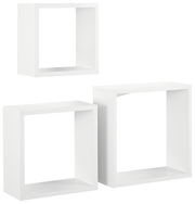 Dreiteiliges Wandregal-Set in Weiß, bestehend aus quadratischen und rechteckigen Regalen, frontal abgebildet.