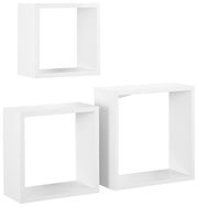 Dreiteiliges Wandregal-Set in Weiß, bestehend aus quadratischen und rechteckigen Regalen, frontal abgebildet.