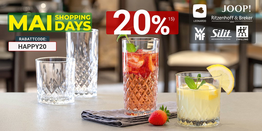 Stilvolle Gläser mit Sommerdrinks auf Tisch bei MAI Shopping Days mit Markenangeboten für den Haushalt.