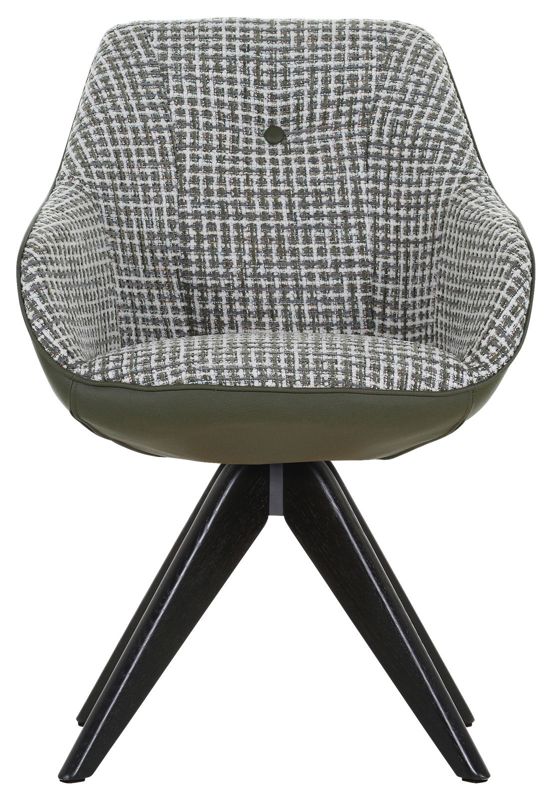 Moderner Armlehnstuhl mit grünem und kariertem Stoffbezug, frontal abgebildet, auf dunklen Holzbeinen.