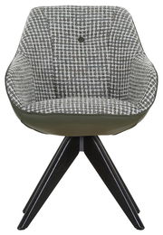 Moderner Armlehnstuhl mit grünem und kariertem Stoffbezug, frontal abgebildet, auf dunklen Holzbeinen.