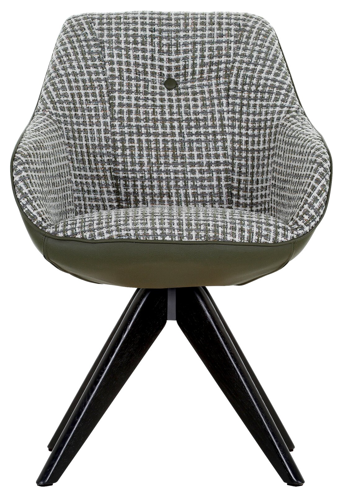 Moderner Armlehnstuhl mit grünem und kariertem Stoffbezug, frontal abgebildet, auf dunklen Holzbeinen.