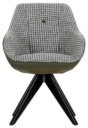 Moderner Armlehnstuhl mit grünem und kariertem Stoffbezug, frontal abgebildet, auf dunklen Holzbeinen.