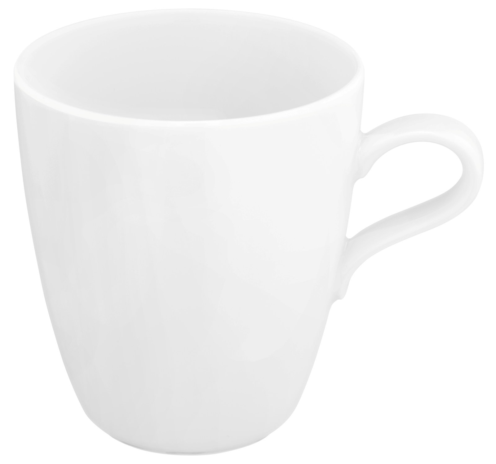Weißer Becher mit Henkel, seitliche Perspektive