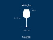 Weinglas als weiße Silhouette in Frontalansicht auf blauem Hintergrund, Fassungsvermögen 470 ml, Höhe 23 cm und Durchmesser 9 cm