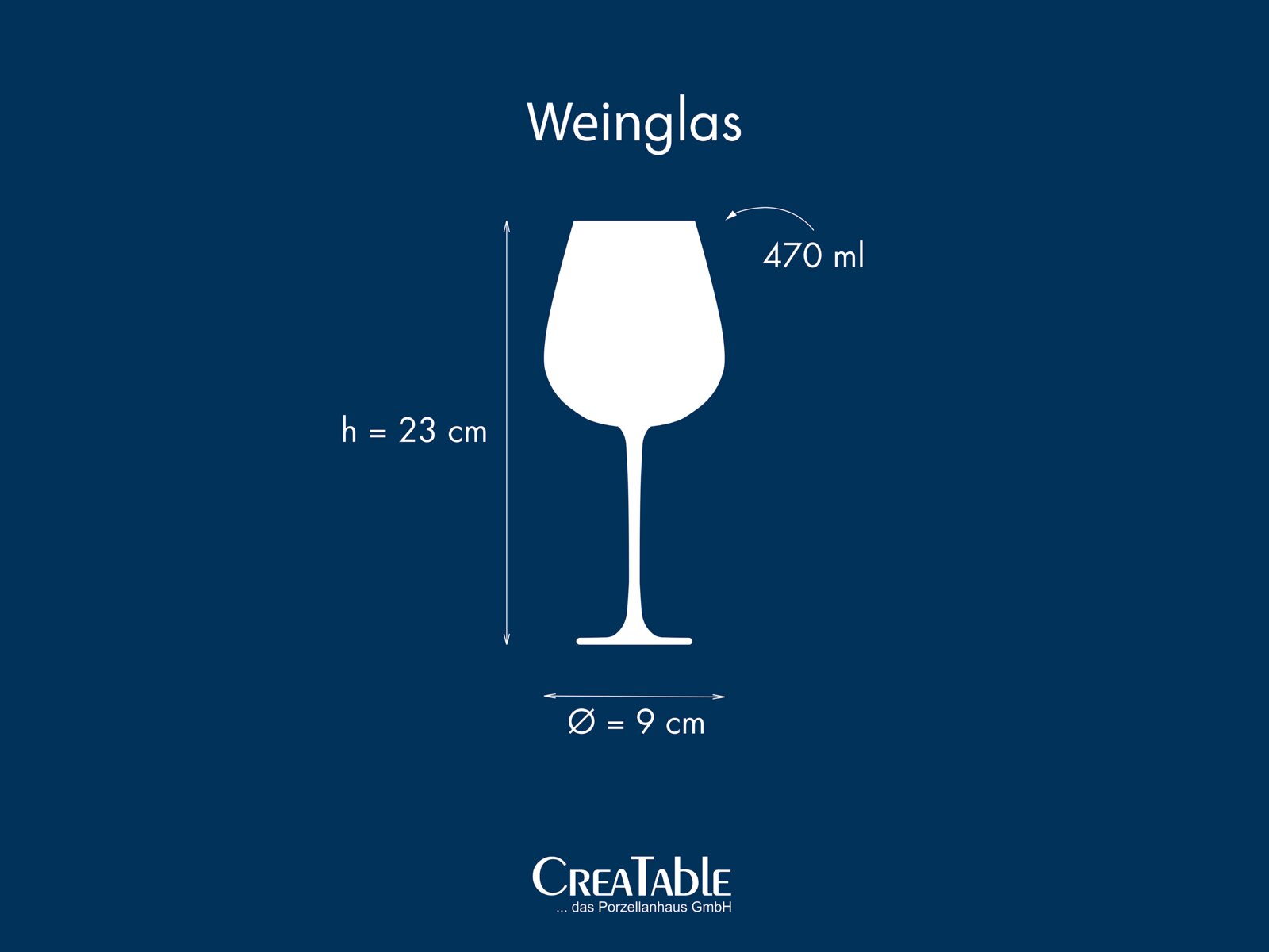 Weinglas als weiße Silhouette in Frontalansicht auf blauem Hintergrund, Fassungsvermögen 470 ml, Höhe 23 cm und Durchmesser 9 cm