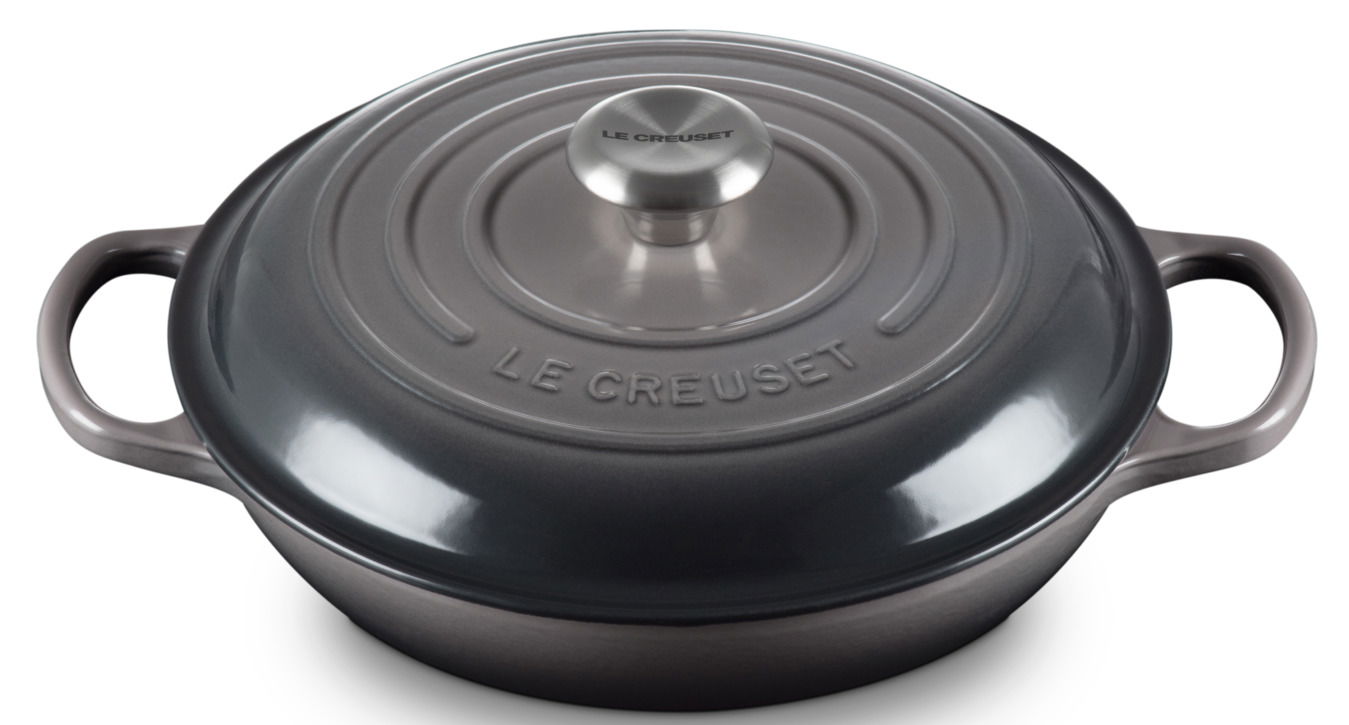 Gourmet Profitopf 26cm in flint, Draufsicht mit zwei Griffen und Deckel mit Knauf