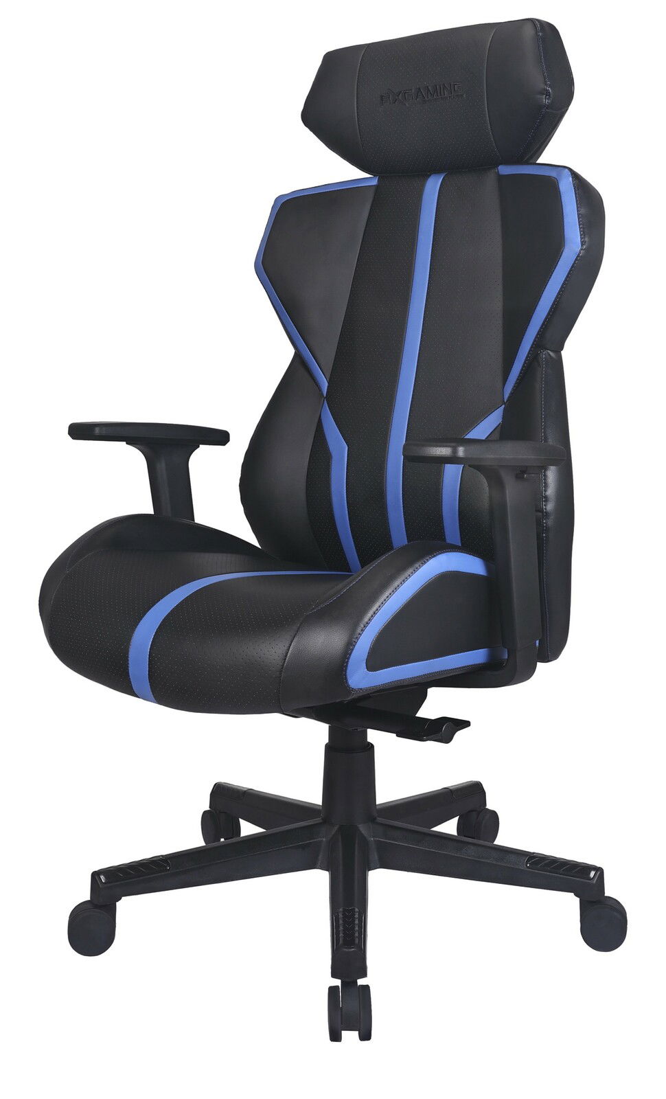 Schwarzer Gaming-Stuhl mit blauen Akzenten, seitliche Perspektive